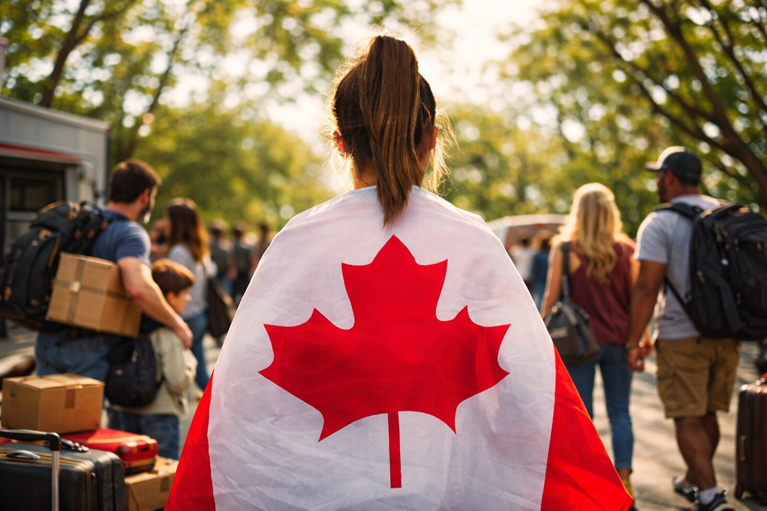 A newcomer wearing a Canadian flag with moving boxes and people in the background